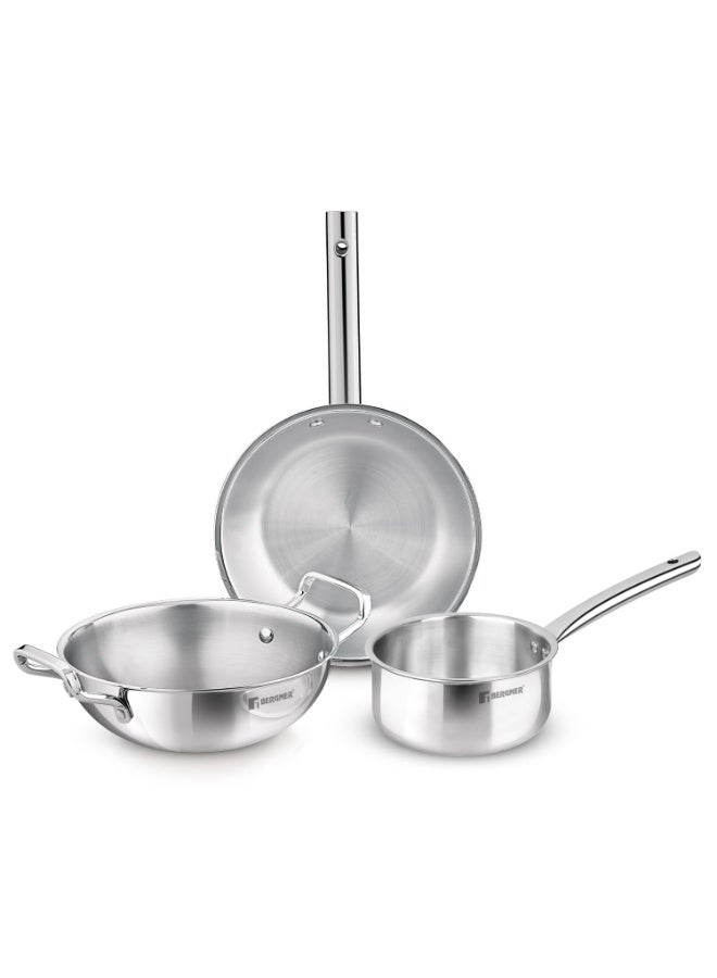 Bergner TriPro 3 Pcs Tri-Ply Stainless Steel Induction Bottom Cookware Set - 22cm (2.1L) Kadai and 22cm (1L) Frypan, 14cm (1.1L) Teapan, Less Oil Use, Easy to Clean - Induction and Gas Stove Ready - Image 1