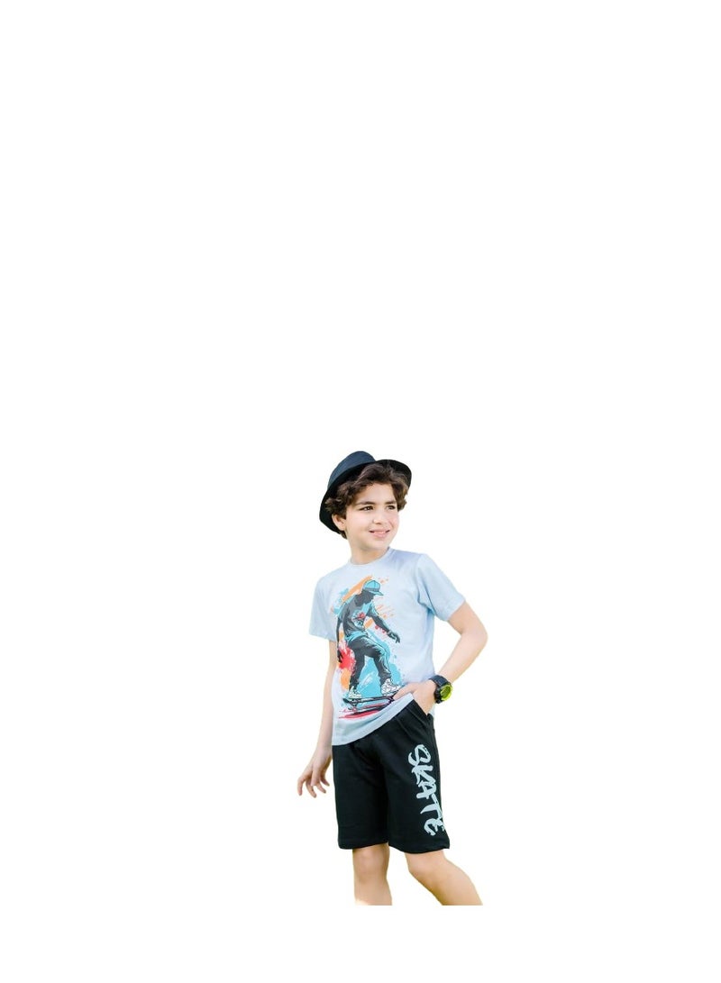 Boys' set, gray T-shirt and black shorts - Image 2