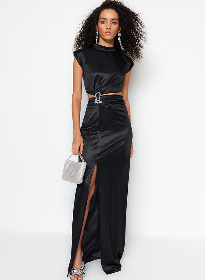 trendyol Black Knitted Long Evening Evening Dress TPRSS23AE00157  - Image 1
