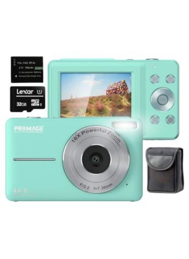 برو ميج كاميرا رقمية PROMAGE PC100 باللون الأخضر – صور بدقة 44 ميجابكسل، فيديو 1080p، شاشة 2.4 بوصة، تقريب 16X، قابلة لإعادة الشحن عبر USB - Image 1