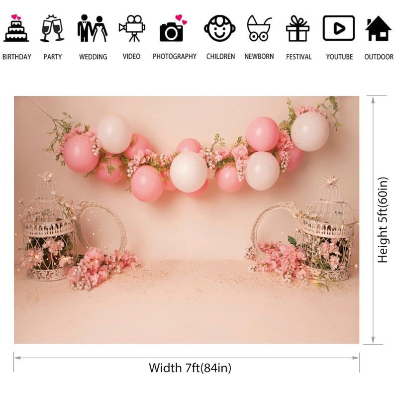 Baocicco 7x5ft Baby Girl Happy Birthday Backdrop Pink Balloons Floral Sweet Princess Photography Backgrounds Pink Baby Girl First Birthday Shower Cake Smash Backdrop Banner Decor Supplies Props - Image 3