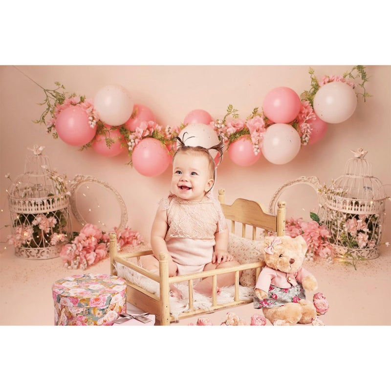 Baocicco 7x5ft Baby Girl Happy Birthday Backdrop Pink Balloons Floral Sweet Princess Photography Backgrounds Pink Baby Girl First Birthday Shower Cake Smash Backdrop Banner Decor Supplies Props - Image 4