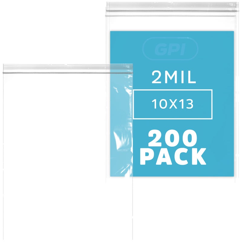 GPI - 10" x 13" Zip Bags, 200 Count, Clear Plastic Reclosable Zipper Poly Baggies, with Resealable Zip Top Lock. for Freezer, Apparel, Clothing, Food, Home & Office Supplies.