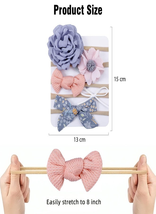 SYGA 5 Pcs Baby Headband, Bow & Flower Stretchable, Nylon HairBand for Newborn Infant Toddlers Kids 0-3 Year-Light Purple - Image 4