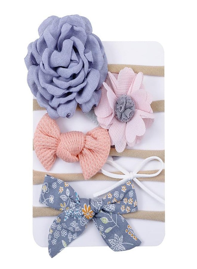 SYGA 5 Pcs Baby Headband, Bow & Flower Stretchable, Nylon HairBand for Newborn Infant Toddlers Kids 0-3 Year-Light Purple - Image 1
