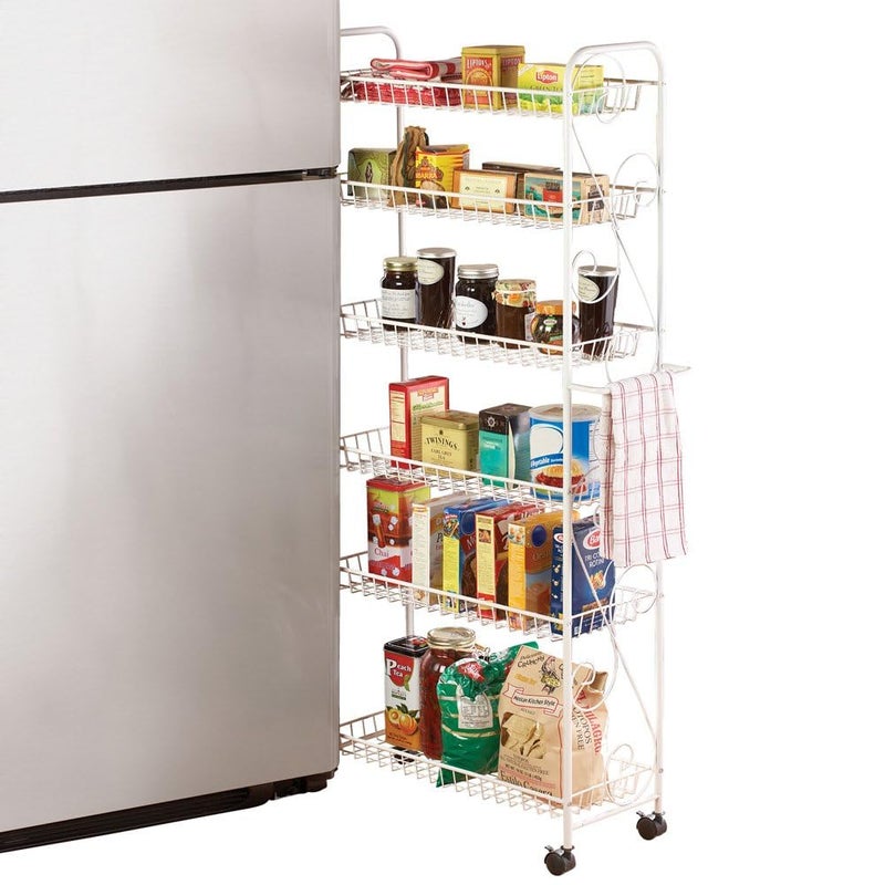 Collections Etc Slim Rolling Pantry 6Tier Shelf White Metal with Elegant Scroll Design Accent  Extra Kitchen and Bathroom Storage 10