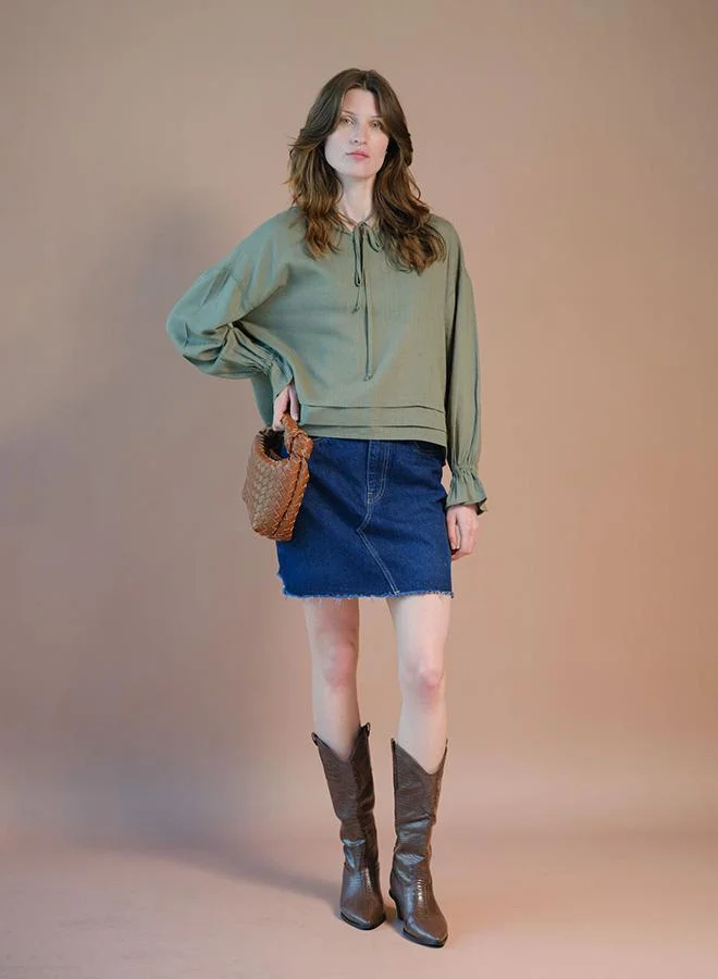 Virgio VIRGIO Linen Lace Detail Top With Blouson Sleeve