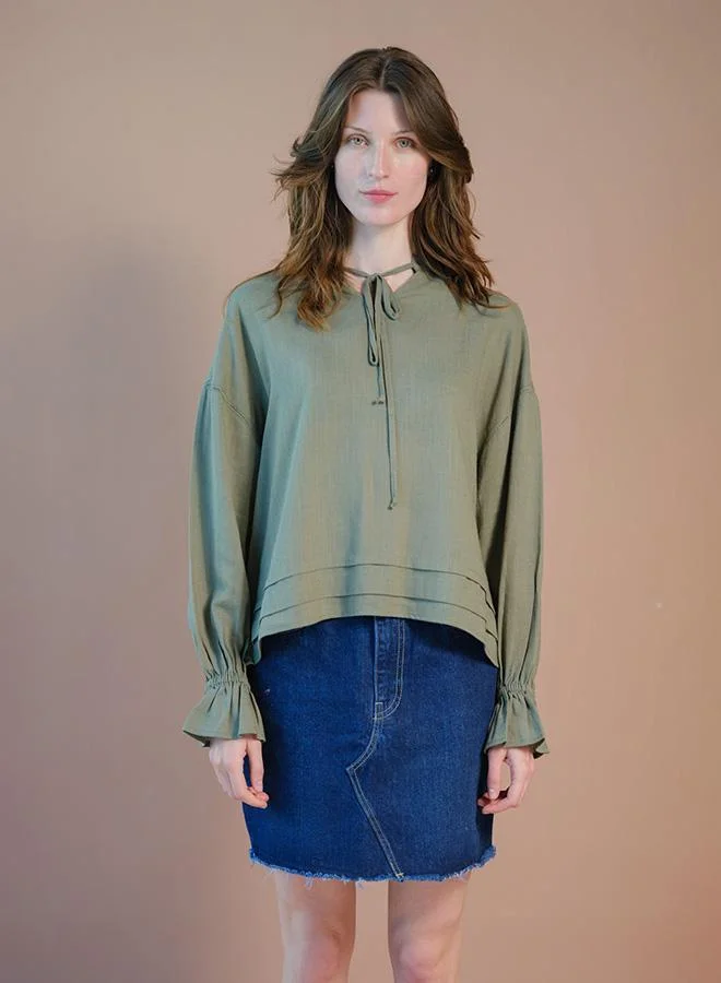 Virgio VIRGIO Linen Lace Detail Top With Blouson Sleeve