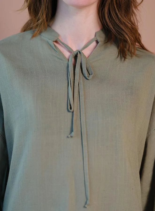 Virgio  VIRGIO Linen Lace Detail Top With Blouson Sleeve for Women | Best Price UAE