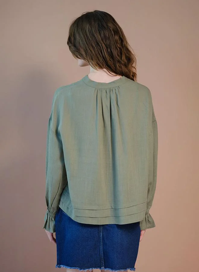 Virgio  VIRGIO Linen Lace Detail Top With Blouson Sleeve for Women | Best Price UAE