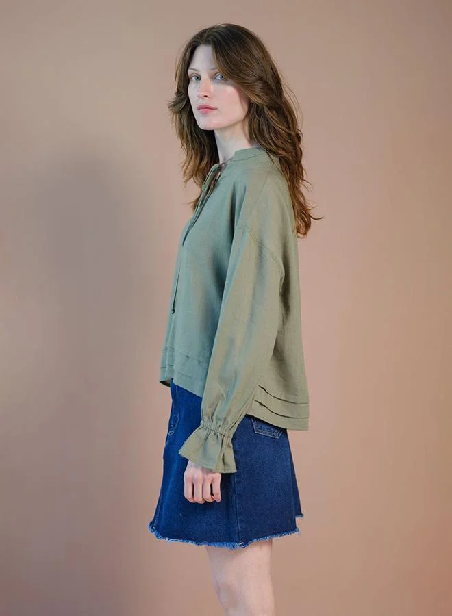 Virgio  VIRGIO Linen Lace Detail Top With Blouson Sleeve for Women | Best Price UAE