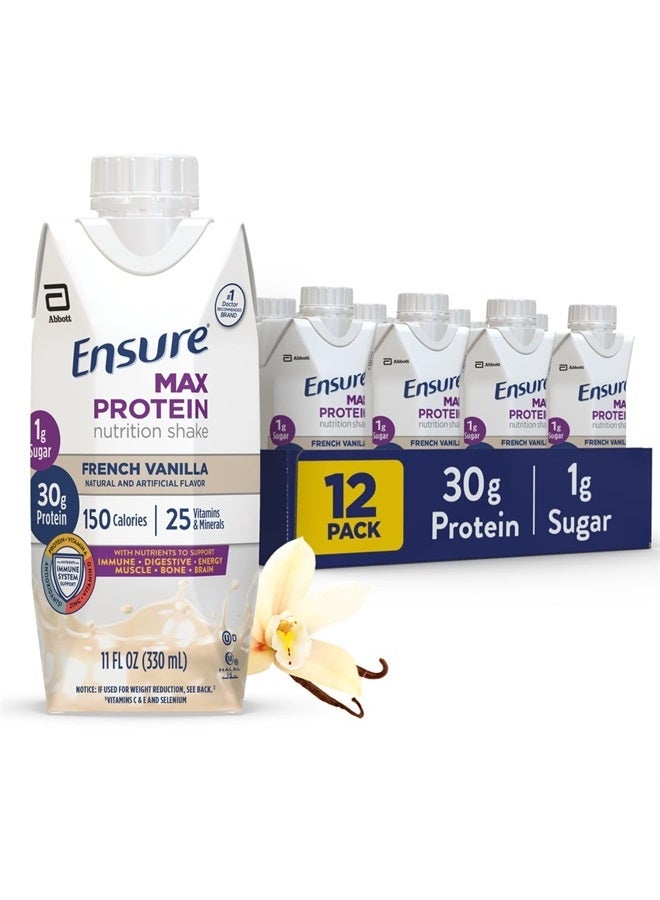 Ensure مخفوق البروتين الأقصى مع 30 جم من البروتين، 1 جم من السكر، مخفوق عالي البروتين، الفانيليا الفرنسية، سائل، 11 أونصة سائلة (عبوة من 12 قطعة) - Image 1