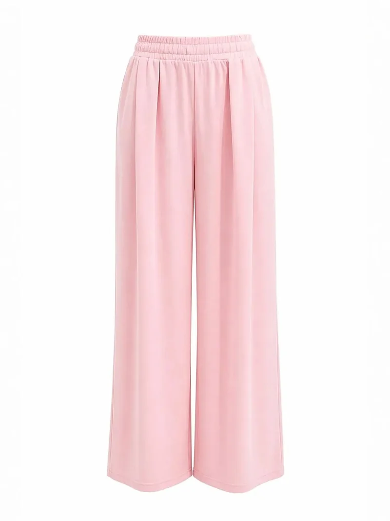 Mixray Powder Pink MIXRAY High Waist Wide Leg Knit Co-Ord Set with Boat Neck for Women | Best Price UAE