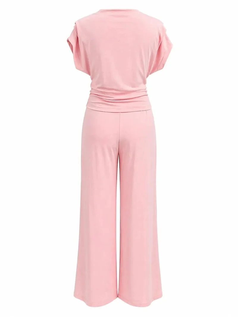 Mixray Powder Pink MIXRAY High Waist Wide Leg Knit Co-Ord Set with Boat Neck for Women | Best Price UAE