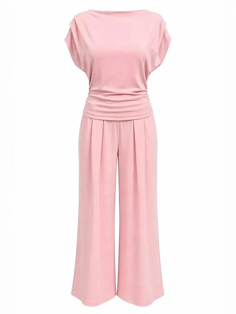 ميكسراي MIXRAY High Waist Wide Leg Knit Co-Ord Set with Boat Neck