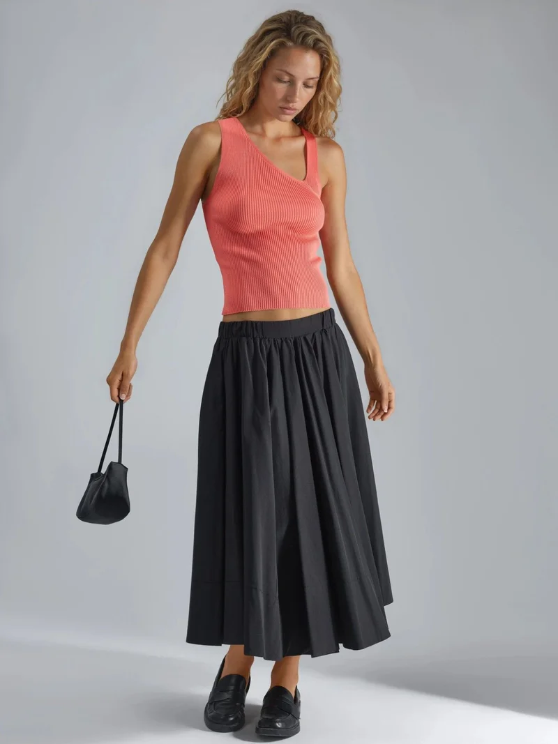 MY FASHION Bright Orange Fitted Asymmetrical Neck Ribbed Sleeveless Knit Top for Women | Best Price UAE