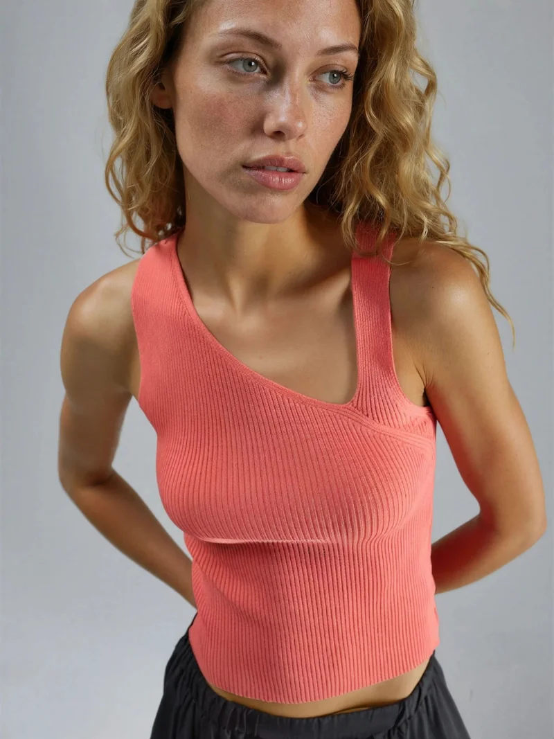 Fitted Asymmetrical Neck Ribbed Sleeveless Knit Top