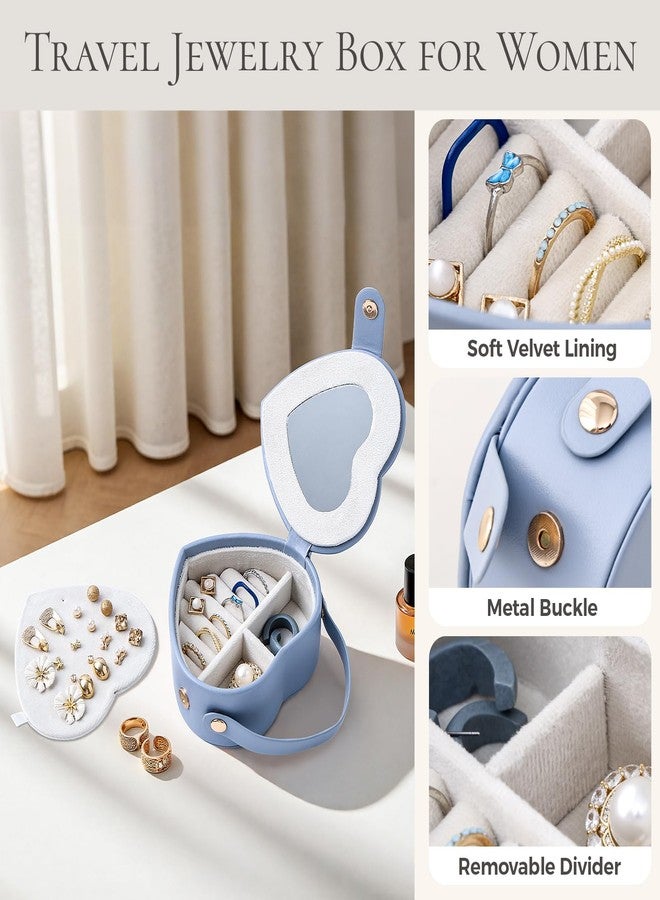 CASEGRACE Small Travel Jewelry Case, Elegant Heart Shaped Design with Detachable Handle,Portable Jewelry Organizer Box for Necklace Rings Earrings,Jewelry Storage for Women Girls (Blue) - Image 3