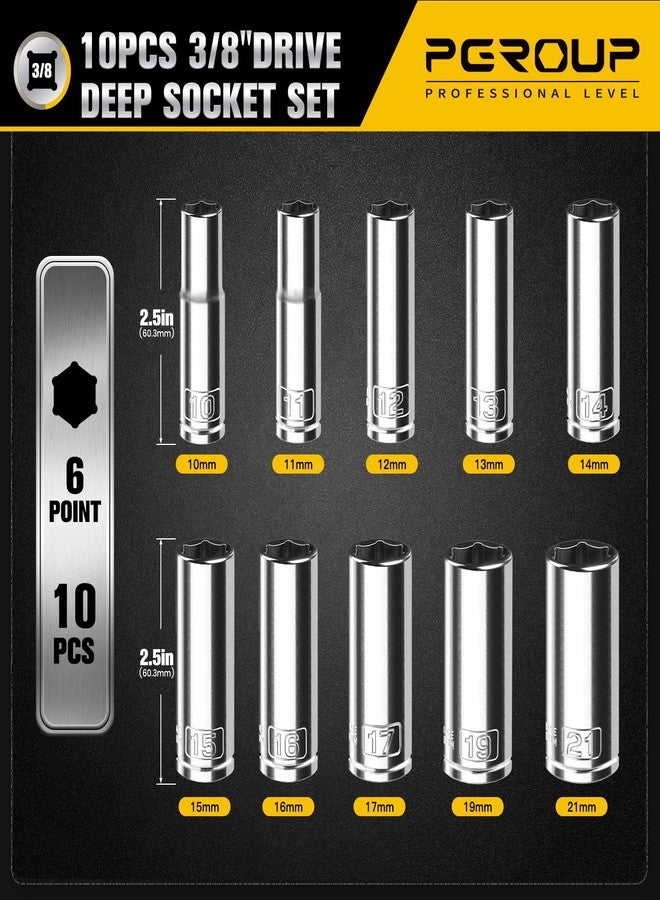 PGROUP 10PCS 3/8” Drive Deep Impact Socket Set, Metric(10mm-21mm), 6-Point, Cr-V Steel, Chrome Plated Socket With Hanging Bracket, Cover Most Commonly Sizes - Image 2