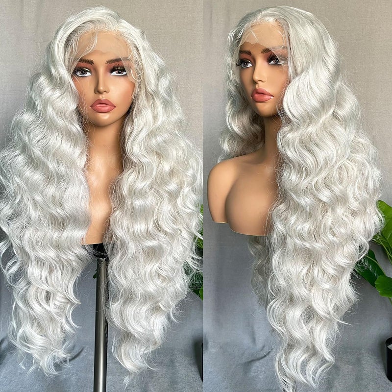 SOKU 13x6 Lace Frontal Wig 32 Inch Sliver Color Boby Wave Preplucked Hairline with Baby Hair Transparent Lace Heat Friendly Synthetic Light Grey Lace Front Wavy Wigs for Women Christmas Gift