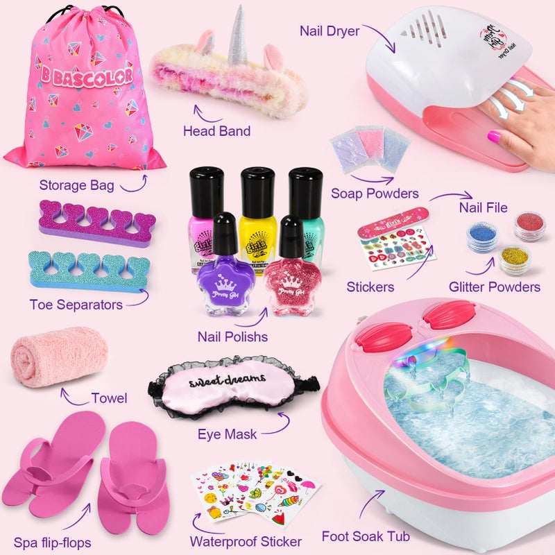 B Bascolor Kids Foot Spa & Nail Kit Set, Kids Spa Day Kit for Girls, Massage Foot Soak Tub and Nail Dryer, Toys Manicure Pedicure Art Salon Girl Gift for 5 6 7 8-12, Christmas Birthday Gifts for Kids - Image 3