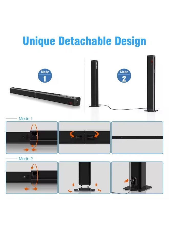 WALALLA Detachable TV Soundbar Speaker with HDMI ARC, Bluetooth 5.3 Home Theater Audio System, 2 in 1 Wall Mount or Tower Design, 40W Soundbar with Optical, AUX, USB and Remote Control, Black - Image 2