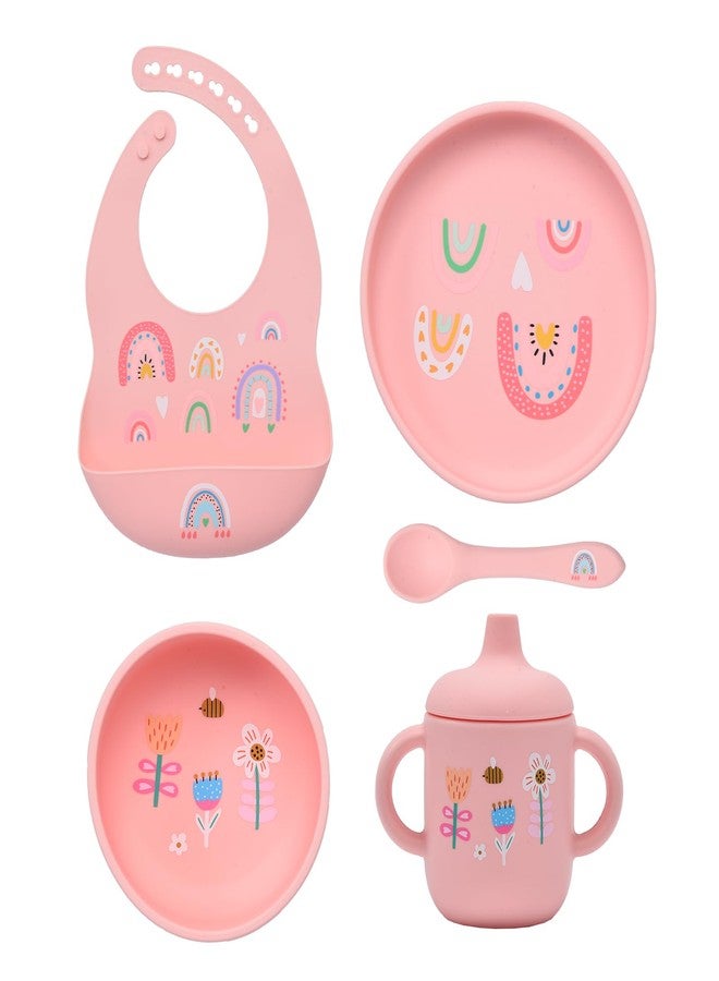 Imagination Junction silicone baby feeding set, Baby Led Weaning Supplies，Cutlery Feeding Supplies, Baby Utensils Feeding Essentials for Starting Solids，5 Piece Set (pink) - Image 1