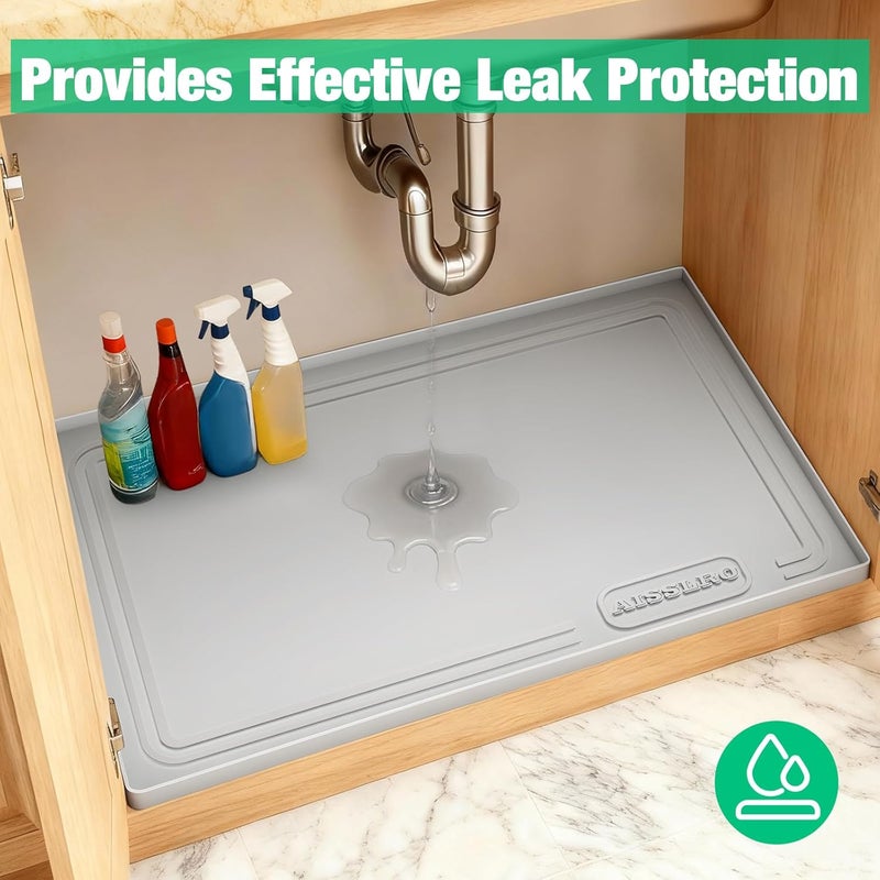 Aisslro حصيرة تحت الحوض 22" × 19"، حصائر سيليكون مقاومة للماء تحت الحوض للمطبخ، بطانة رف مضادة للتسرب وحامي للخزائن بحواف مرتفعة، [خالية من BPA] صينية حمام منظم منزلي، رمادي فاتح - Image 3