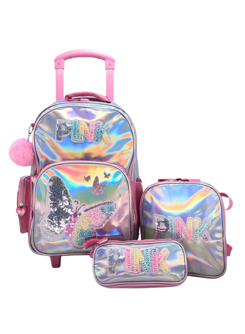 i-kola Pink Silver Butterfly Design Rolling Backpack 18 inch Wheeled Kids Backpack with Lunch Bag and Pencil Case for Girls Pink and Silver - Image 1