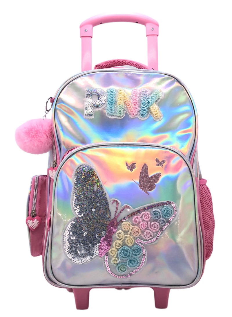 i-kola Pink Silver Butterfly Design Rolling Backpack 18 inch Wheeled Kids Backpack with Lunch Bag and Pencil Case for Girls Pink and Silver - Image 2
