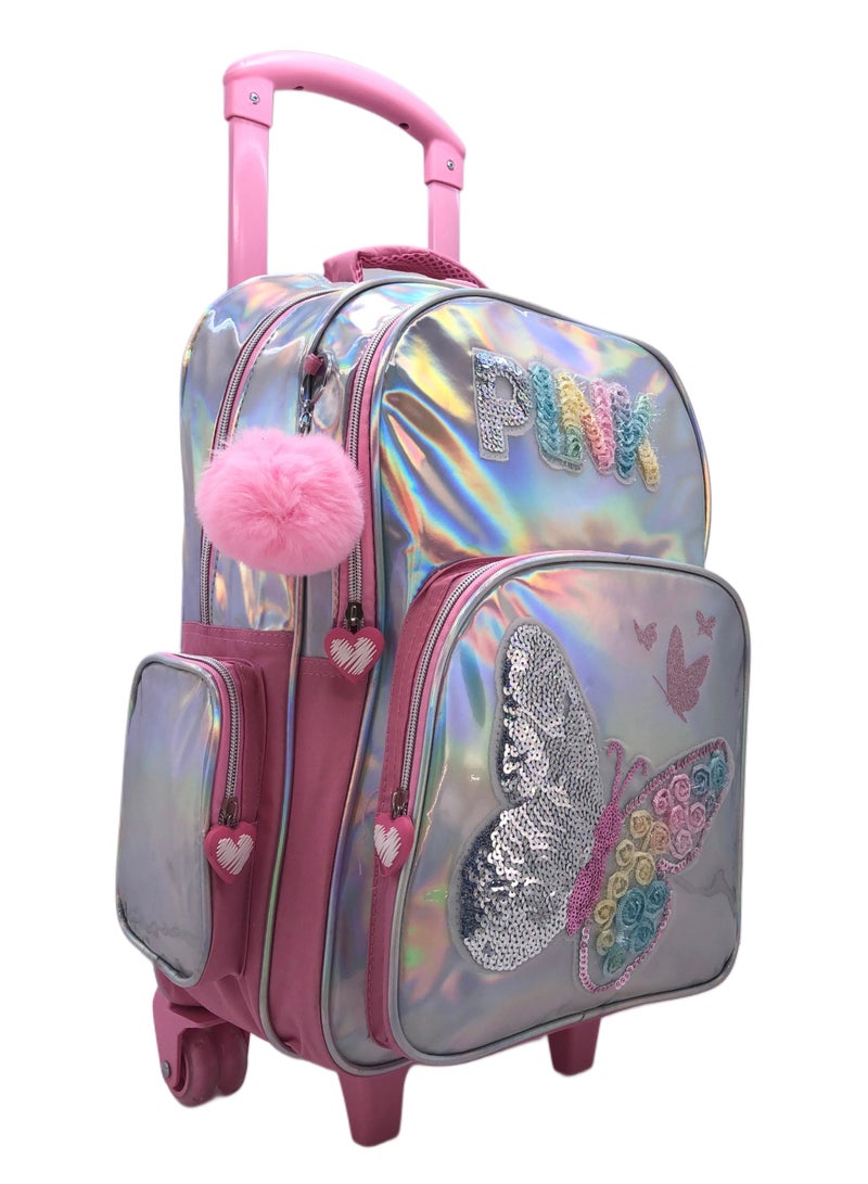i-kola Pink Silver Butterfly Design Rolling Backpack 18 inch Wheeled Kids Backpack with Lunch Bag and Pencil Case for Girls Pink and Silver - Image 3