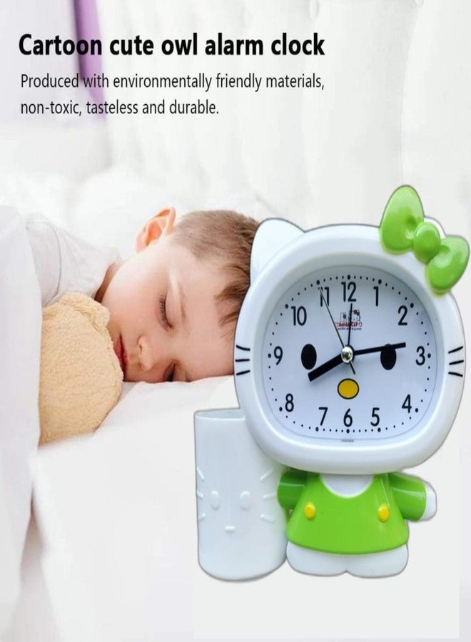 ARTLABEL Cute Cartoon Theme Desk Alarm Clock for Kids with Pen Stand, Sleep Training Clock for Students (Multicolour, 14 x13 x 4cm) (Kitty Cat (Green)) - Image 2
