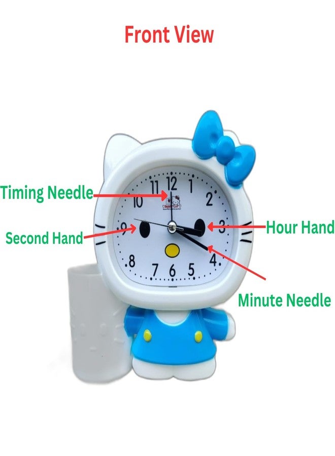 ARTLABEL Cute Cartoon Theme Desk Alarm Clock for Kids with Pen Stand, Sleep Training Clock for Students (Multicolour, 14 x13 x 4cm) (Kitty Cat (Green)) - Image 5