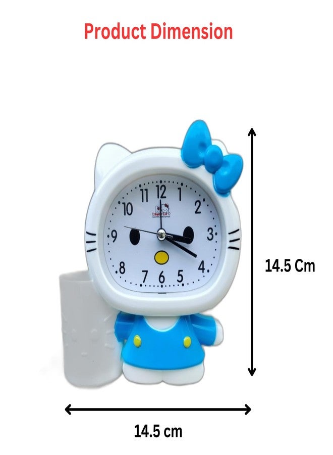 ARTLABEL Cute Cartoon Theme Desk Alarm Clock for Kids with Pen Stand, Sleep Training Clock for Students (Multicolour, 14 x13 x 4cm) (Kitty Cat (Green)) - Image 4