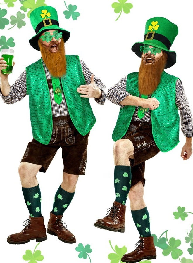 Yinder 8 Pcs St Patrick's Day Costume Set Sequin Vest Shamrock Leprechaun Hat Irish Faux Mustache Glasses Necklace Socks(X-Large) - Image 4