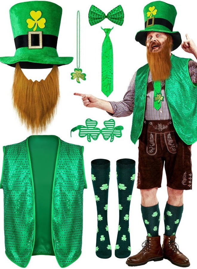 Yinder 8 Pcs St Patrick's Day Costume Set Sequin Vest Shamrock Leprechaun Hat Irish Faux Mustache Glasses Necklace Socks(X-Large) - Image 1