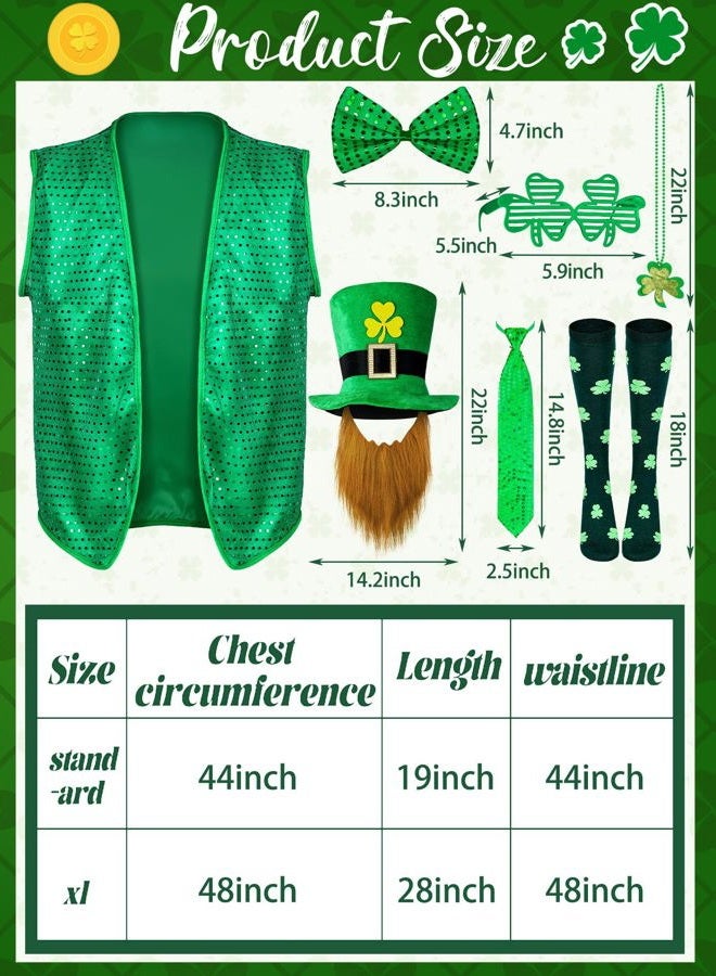 Yinder 8 Pcs St Patrick's Day Costume Set Sequin Vest Shamrock Leprechaun Hat Irish Faux Mustache Glasses Necklace Socks(X-Large) - Image 2