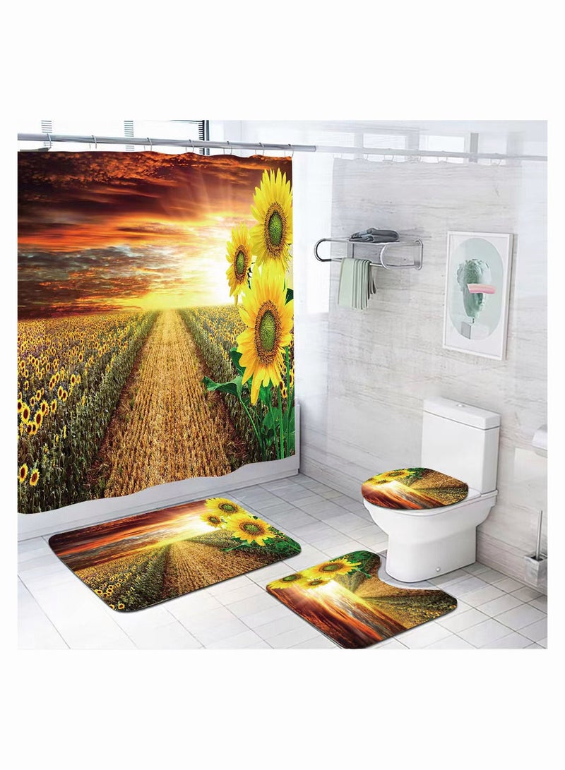 4-Pieces/Set Bathroom Household Supplies,Sunflower Pattern Bathroom Suit,Shower Curtain/Pedestal Rug/Toilet Lid Cover/Bath Mat Decor Set - Image 1