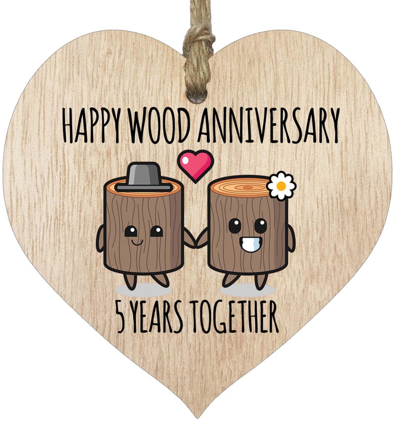 هدية لوحة الذكرى الخامسة للزواج للزوج والزوجة 5 سنوات معًا ذكرى سعيدة قلب خشبي للنساء والرجال شريك علامة خشبية خفيفة هدايا تذكارية