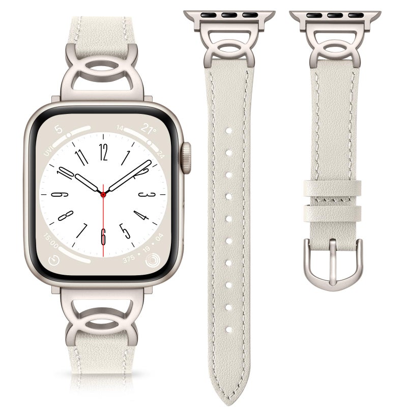DaQin Slim Leather Band Compatible with Apple Watch Band for Women 40mm 38mm 41mm 42mm, Dressy Leather Strap with Designer DC-shaped Buckle for iWatch Bands Series 11 10 9 8 7 6 5 4 3 2 1 SE,Starlight - Image 1