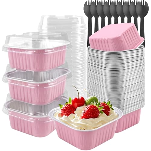 Tikxlafe 50 Pack 5oz Square Mini Cake Pans with Lids and Spoons,Aluminum Foil Baking Cups,Disposable Mini Loaf Pans Ramekins for Brownie, Cheesecake, Mousse & Wedding Party Favors-Pink - Image 1