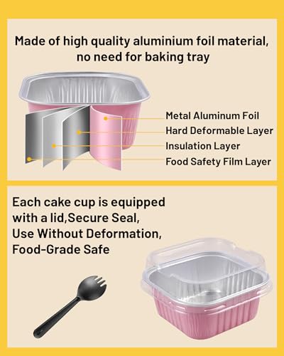 Tikxlafe 50 Pack 5oz Square Mini Cake Pans with Lids and Spoons,Aluminum Foil Baking Cups,Disposable Mini Loaf Pans Ramekins for Brownie, Cheesecake, Mousse & Wedding Party Favors-Pink - Image 2