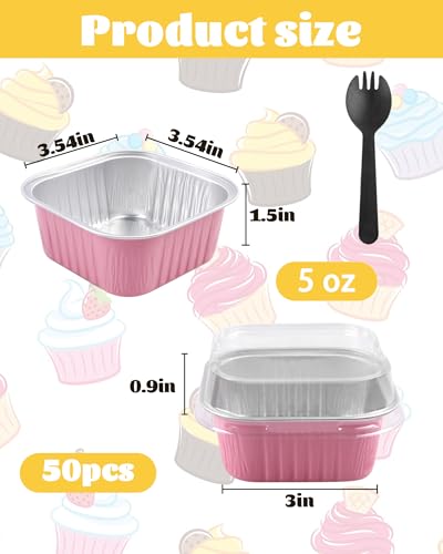 Tikxlafe 50 Pack 5oz Square Mini Cake Pans with Lids and Spoons,Aluminum Foil Baking Cups,Disposable Mini Loaf Pans Ramekins for Brownie, Cheesecake, Mousse & Wedding Party Favors-Pink - Image 4