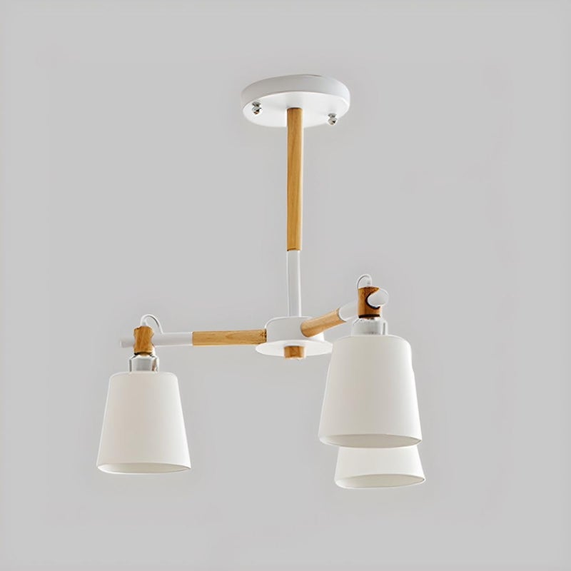 Modern 3-Light Ceiling Chandelier, White Metal Shades with Wood Accents, Adjustable Arms
