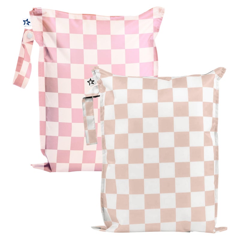 Tiny Twinkle Wet Dry Bag - 2 Pack Reusable Waterproof & Mess Proof Wet Bags for Swimsuits & Travel, Baby Towels & Beach Essentials,a Diaper Bag Must-Have(Pink, Brown Checkers) - Image 1