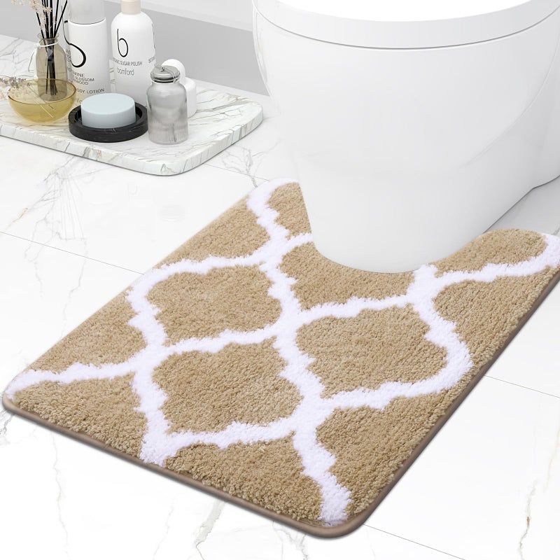 OLANLY Toilet Rugs U-Shaped  Soft and Absorbent Microfiber Bathroom Rugs  Non-Slip Plush Shaggy Toilet Mat  Machine Wash Dry  Contour Bath Rugs for Toilet Base  24x20  Beige