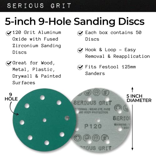 Serious Grit - 5-Inch 9-Hole 120 Grit Sanding Discs - Heavy-Duty Hook & Loop Film Discs - Sandpaper for Random Orbital Sanders - 50 Pack Box - Image 2