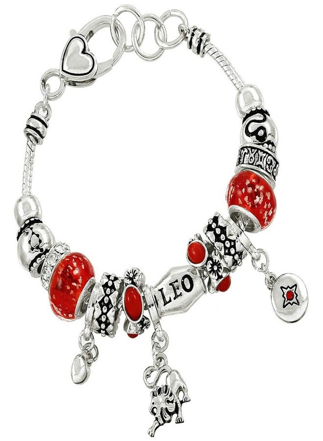 Falari Zodiac Charm Bracelet Multi-Color Slide Metal Murano Beads Silvertone Leo - Image 1