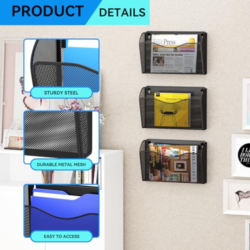 GDINDINFAN 3 Single Pocket Wall File Holder, Mesh Hanging File Folder Paper Organizer, Vertical Wall Mounted Mail Basket, Storage Organization Magazine Rack for Office, Home and School, Black - Image 4