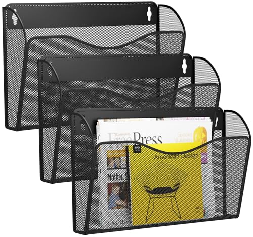 GDINDINFAN 3 Single Pocket Wall File Holder, Mesh Hanging File Folder Paper Organizer, Vertical Wall Mounted Mail Basket, Storage Organization Magazine Rack for Office, Home and School, Black - Image 1